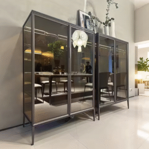 Smoked Glass Display Cabinet with Aluminum Frame for Home Bar & Living Room